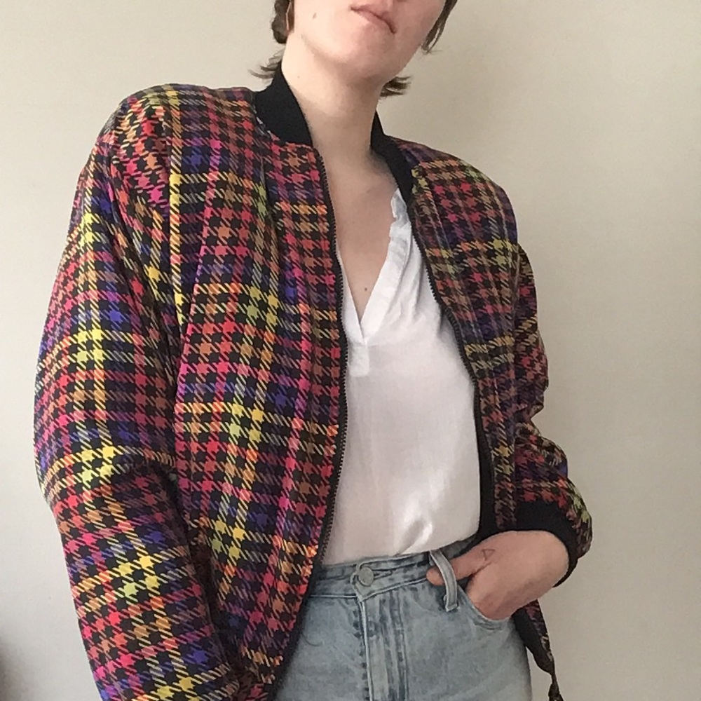Vintage rainbow plaid silk bomber jacket